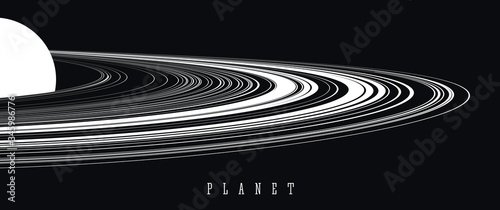 Artistic poster image, white and black design graphic composition, elegant print graphic of planet with round ring of lines
