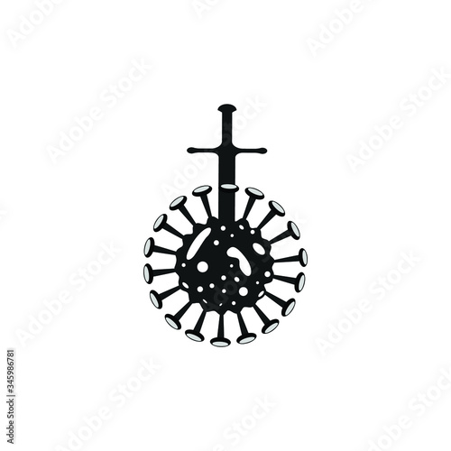 victory over virus, fight against viruses, bacteria, sword pierces virus, medical emblem, world struggle, vector illustration
