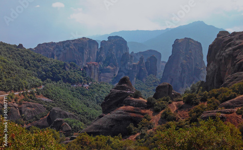 Landscape in Meteora with the Balkan mountain chain in the rear. Greece.