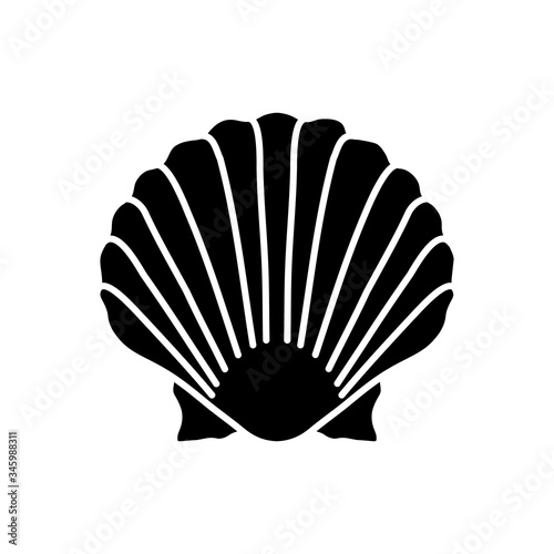 Scallop shell black glyph icon. Exotic seashell, decorative conch. Ocean souvenir, conchology silhouette symbol on white space. Chlamys imbricatus. Oyster, clam shell vector isolated illustrations
