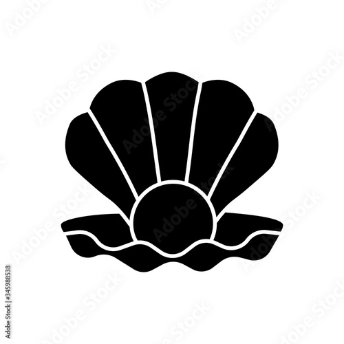 Open clam with pearl black glyph icon. Exotic seashell with precious gem. Ocean souvenir, conchology silhouette symbol on white space. Scallop shell, oyster, mussel vector isolated illustrations