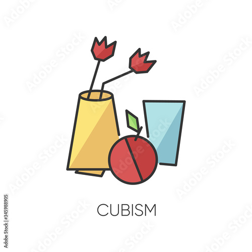 Cubism RGB color icon. Vase and fruit abstract composition. 20th century cultural movement. Still life minimal painting. Isolated vector illustration