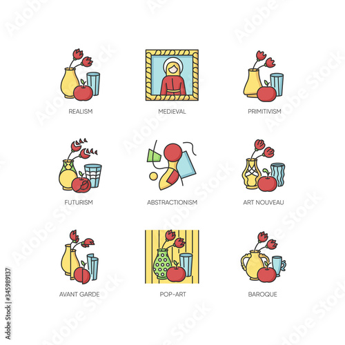 Cultural movements RGB color icons set. Futurism, abstractionism, art nouveau art styles. Avant garde, realism painting. Isolated vector illustrations