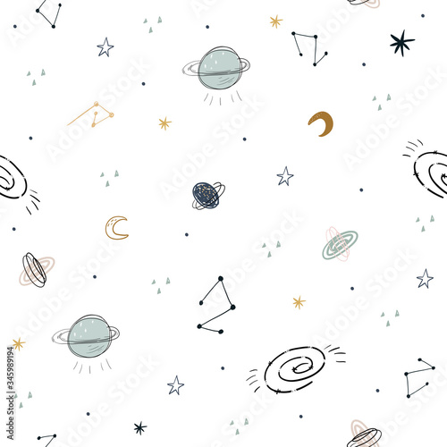 Childish seamless pattern with aliens, ufo in cosmos. Perfect for kids apparel,fabric, textile, nursery decoration,wrapping paper