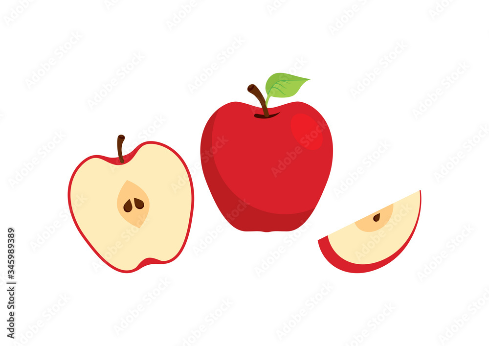 Red apples icon set vector. Sliced apple vector. Red apple icon isolated on a white background. Half an apple vector. A piece of sliced apple icon Red apples icon set vector. Sliced apple vector. Red apple icon isolated on a white background. Half an apple vector. A piece of sliced apple icon