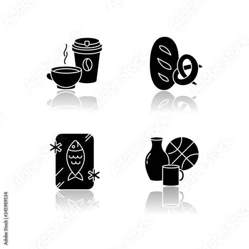 Foods and goods drop shadow black glyph icons set. Coffee in disposable cup. Black tea in mug. Frozen fish. Preserved seafood. Miscellaneous items. Isolated vector illustrations on white space