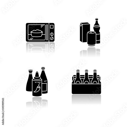 Food store products drop shadow black glyph icons set. Ready meal. Microwave popcorn. Different beverages. Pepper for cooking. Beer sixpack. Alcohol drink. Isolated vector illustrations on white space