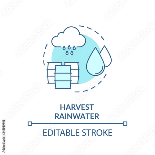 Harvest rainwater turquoise concept icon. Collect pouring water. Environmental preservation. Resource saving idea thin line illustration. Vector isolated outline RGB color drawing. Editable stroke