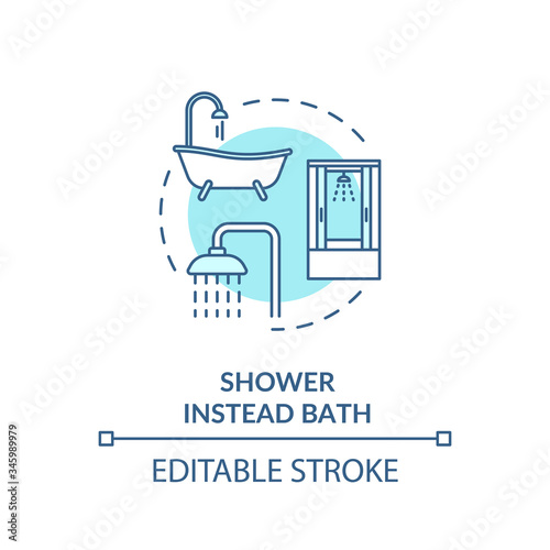 Shower instead bath turquoise concept icon. Efficient water consumption. Personal hygiene. Resource saving idea thin line illustration. Vector isolated outline RGB color drawing. Editable stroke