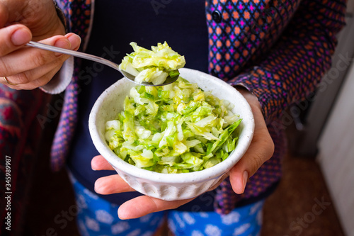 Fresh diet green cabbage salad. Vegan food.