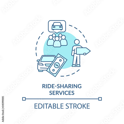 Ride share service turquoise concept icon. Passengers travel in one car. Taxi and cab for people. Carpool idea thin line illustration. Vector isolated outline RGB color drawing. Editable stroke