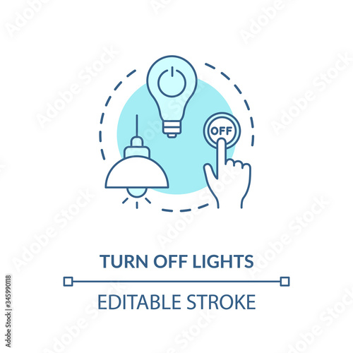 Turn off light turquoise concept icon. Hand pressing lamp switch. Preserving energy usage. Resource saving idea thin line illustration. Vector isolated outline RGB color drawing. Editable stroke