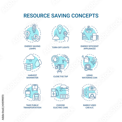 Resource saving turquoise concept icons set. Sustainable consumption. Reduce home supply usage idea thin line RGB color illustrations. Vector isolated outline drawings. Editable stroke