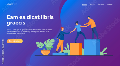Employees giving hands and helping colleagues to walk upstairs. Team giving support, growing together. Vector illustration for teamwork, mentorship, cooperation concept