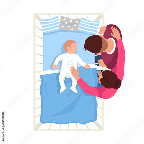 Parent watch infant sleep semi flat RGB color vector illustration. Caucasian newborn in bed. Mother and father with baby. Family isolated cartoon characters top view on white background