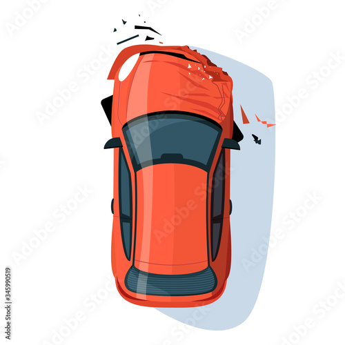 Crashed auto bumper semi flat RGB color vector illustration. Car accident. Collision on road. Claim insurance for transport. Red sedan isolated cartoon object top view on white background