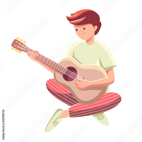 Hipster musician playing acoustic guitar. Indie music guitarist in cute flat cartoon style. Isolated young man with guitar sitting on the floor. Vector illustration with white background. 