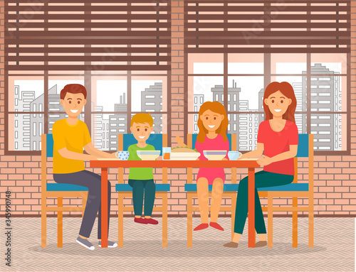 Family of mother father and children eating out. People at diner or breakfast in cafe or restaurant with view on city. Kids and parents on weekends or holidays having brunch drinking beverages vector
