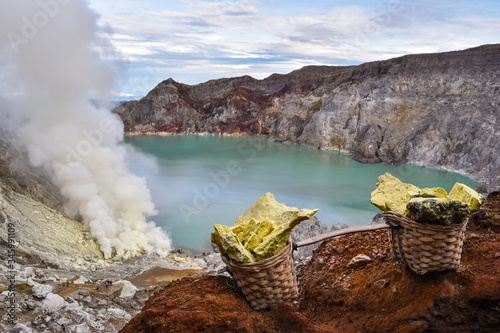 Ijen volcano located in eastern Java, Indonesia. photo