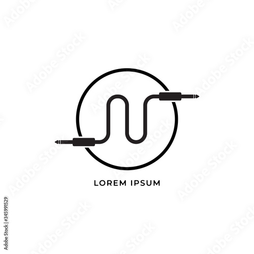 Cable jack logo concept forming Letter N Alphabet with ellipse line. Audio logo design template. Isolated, Audio equipment, sound system, instrument. Black and White