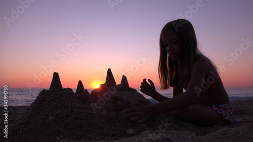 Canvastavla Kid Building Castle on Beach at Sunset, Child Playing Sands on Seaside, Girl Pla