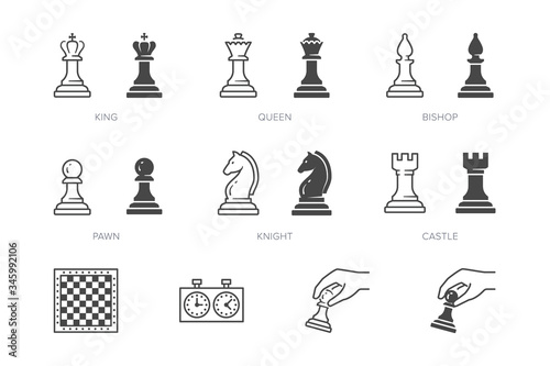 Chess piece line icon. Vector outline illustration of pawn, knight, queen, bishop, horse, rook. Checkmate board pictogram