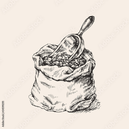 Bag With Coffee Beans And Scoop Hand Drawing Vector Illustration.