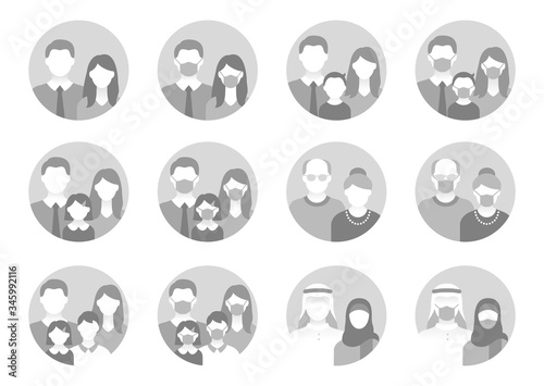 People avatar flat icons. Vector illustration included icon as man, female head, muslim, senior, familes and couples in mask human face pictogram in circle for user profile. Grey color