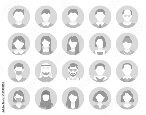 People avatar flat icons. Vector illustration included icon as man, female, muslim, senior, adult and young human pictogram for user profile. Grey Color