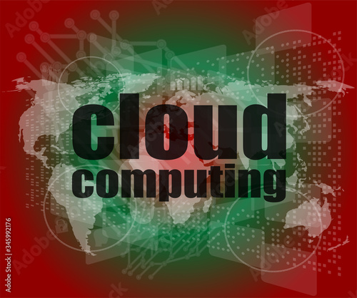 cloud computing word on touch screen, modern virtual technology background