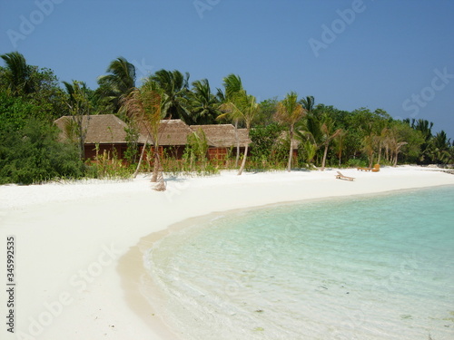 tropical beach with coconut palm trees, Veligandu island, Maldives