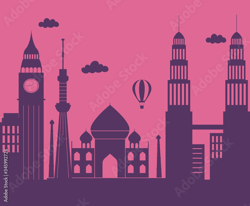 world monuments air balloon skyline architecture urban city scene