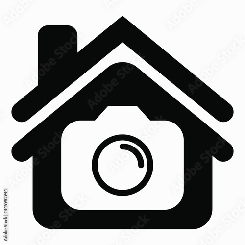 House and camera icon. Illustration of CCTV at home. Photofixation at home. Vector icon.