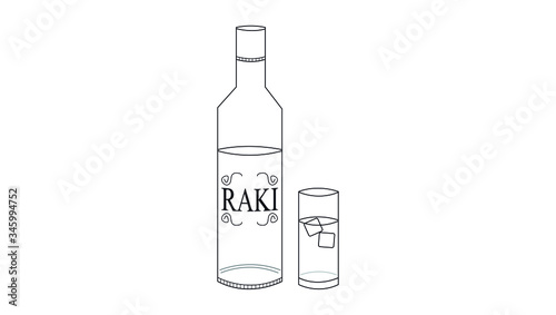 illustration of a bottle of raki that is a turkish alcoholic drink and a glass with water and some ice in it photo