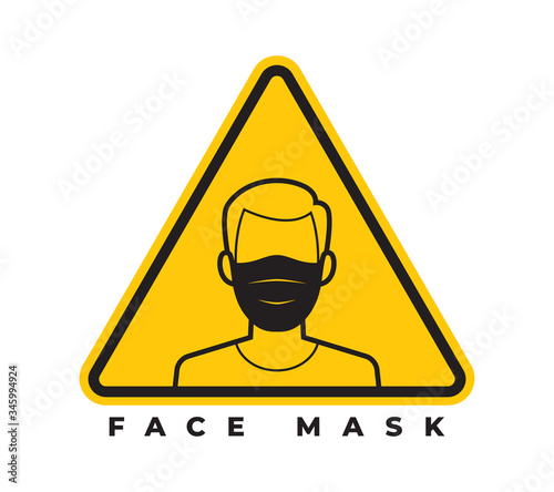 Vector yellow triangle sign - black line man with medical face mask. Isolated on white background.
