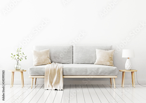 Fototapeta Naklejka Na Ścianę i Meble -  Interior wall mockup with gray velvet sofa, beige pillows and plaid, branch in vase and lamp on coffee table in living room with empty white wall background. 3D rendering, illustration.