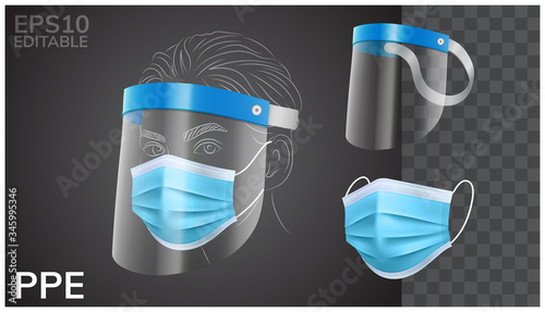 Realistic Solid Personal Protective Equipment set. Face Shield and Surgical mask in isolated vector	
