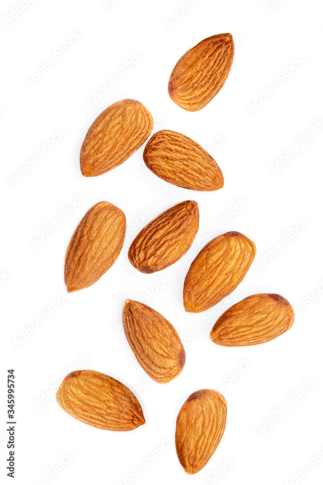 Flying Almond nuts isolated on white background. Raw Almonds Collection. Top view. Flat lay. Flying Almond nuts isolated on white background. Raw Almonds Collection. Top view. Flat lay.