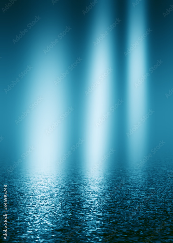 Dark blue wall with decorative stucco. Smoke, smog, spotlight