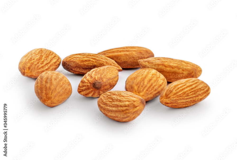 Almond nuts isolated on white background. Raw Almonds Collection. Top view. Flat lay. Almond nuts isolated on white background. Raw Almonds Collection. Top view. Flat lay.