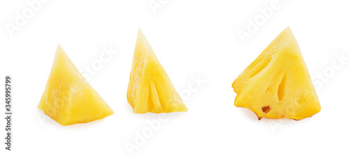 Fresh sliced pineapple isolated on white background. Pineapple chunks close up. Collection.