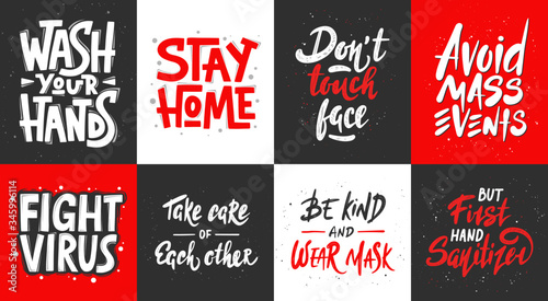 Set of quarantine vector hand drawn unique typography design for posters, decoration, prints. Handwritten motivational lettering. Modern ink brush calligraphy, healthy rules in pandemic.
