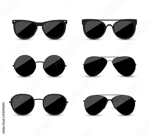 Set of fashionable black sunglasses on white background. Black glasses isolated with shadow for your design. Vector illustration.