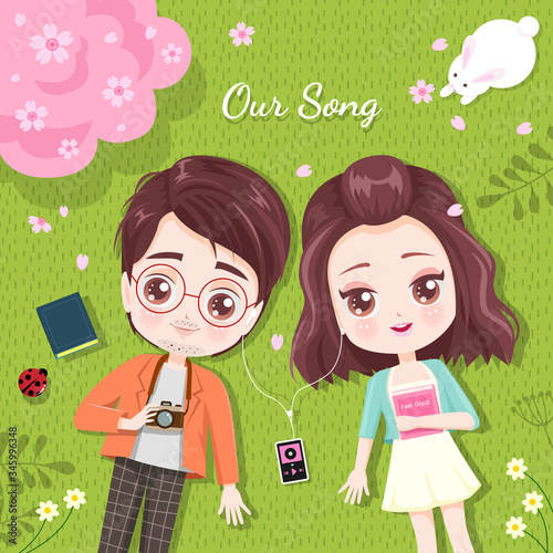 Lovers listen to music in the cherry blossom garden