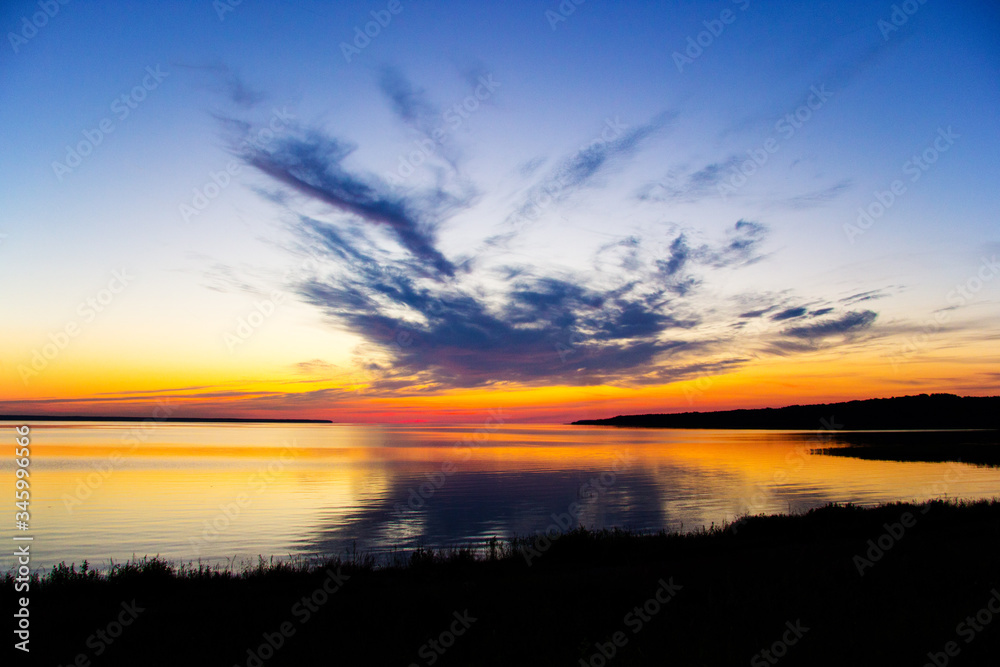 sunset over the lake Volga river