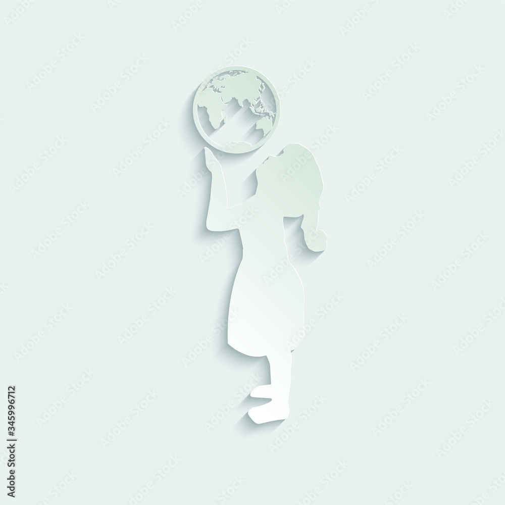 paper girl holding the earth. child care of planet icon. globe in children hands paper girl holding the earth. child care of planet icon. globe in children hands