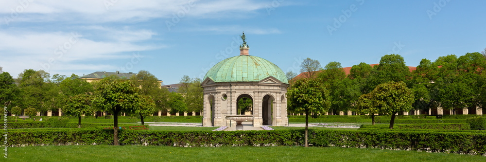 Panorama of Hofgarten with Dianatempel (temple of Diana) during springtime.