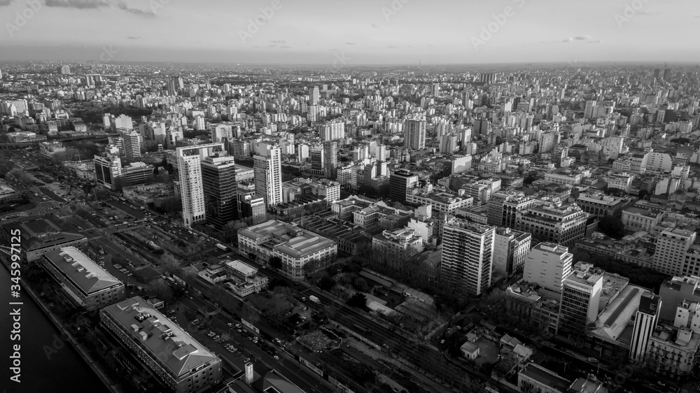 Panoramic of Buenos Aires City - Argentina - Black and White. Aerial view of center of the city. Buenos Aires landscape, Puerto Madero and buildings