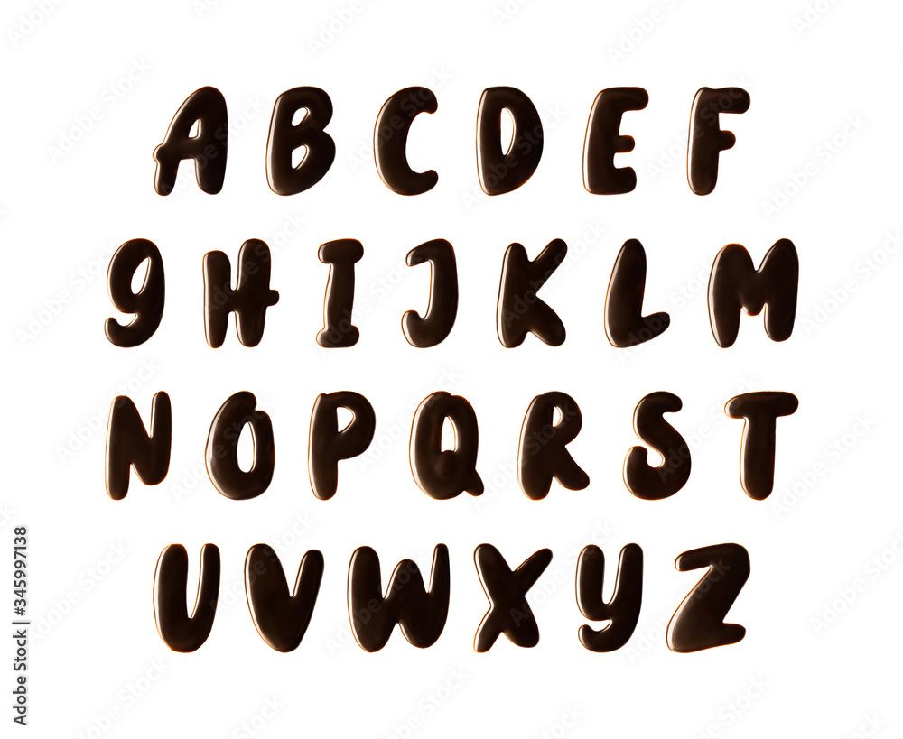 Chocolate alphabet from A to Z isolated on white background. Collection of big letters made of chocolate syrup, top view Chocolate alphabet from A to Z isolated on white background. Collection of big letters made of chocolate syrup, top view
