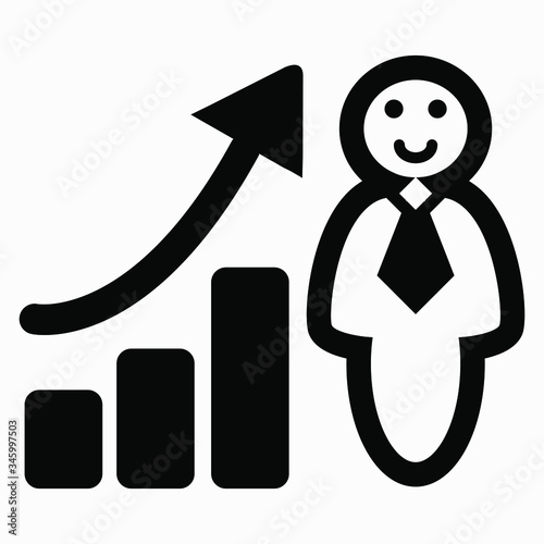 Man increase graph icon. Illustration of the work of a manager. Labor productivity. Personnel Management. Employee labor efficiency. Vector icon.